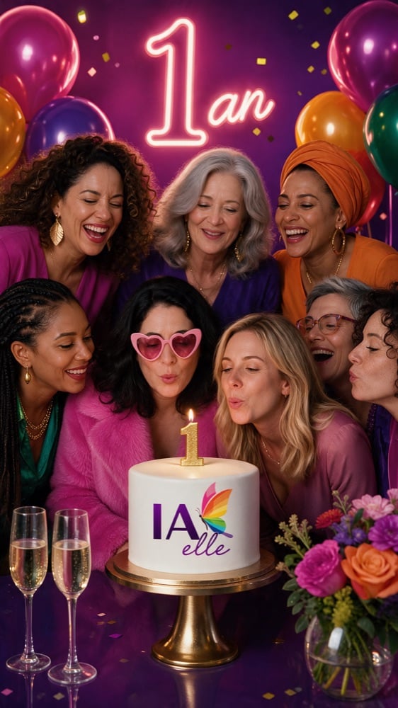 Des femmes d’IAelle soufflent la bougie du premier anniversaire autour d’un gâteau au logo IAelle.