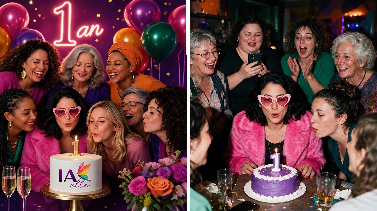 Deux photos côte à côte. À gauche, huit femmes soufflent la bougie « 1 » d'un gâteau au logo IAelle sous un néon rose « 1 an », entourées de ballons. À droite, la même scène dans un bar, autour d'un gâteau violet, l'une filme avec son téléphone.