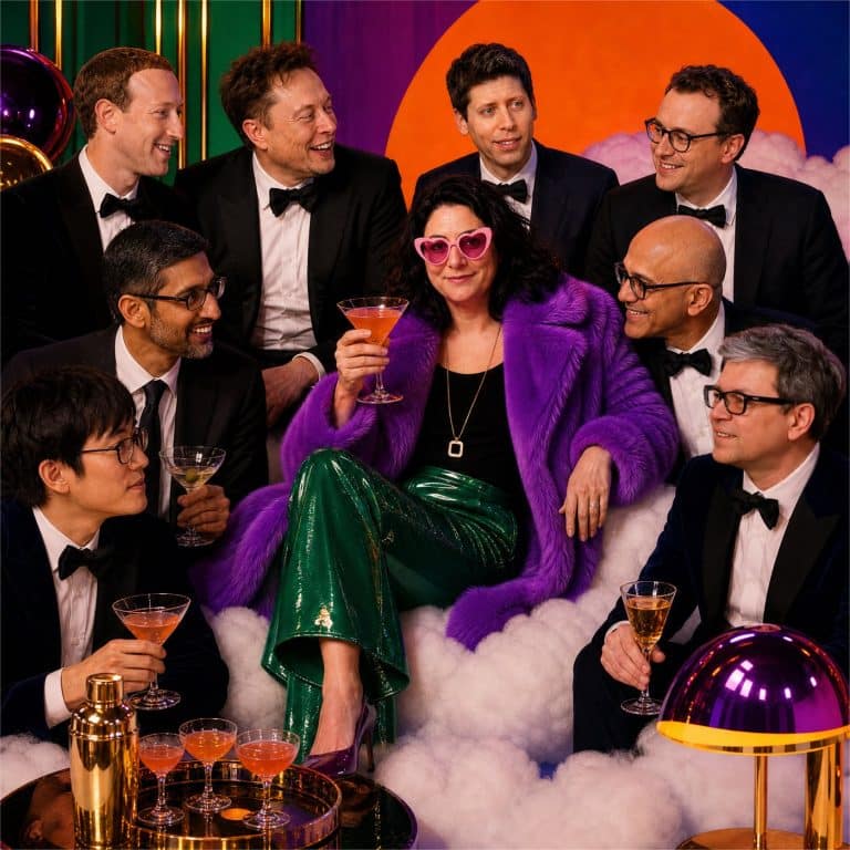 Une femme en manteau de fourrure violette et lunettes en forme de cœur, cocktail à la main, assise sur un nuage au milieu de huit dirigeants de la tech en smoking, devant un décor pop orange, vert et violet.