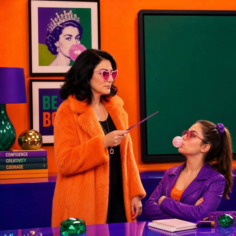Une formatrice en manteau orange, baguette a la main, face a une participante en veste violette, bras croises, qui fait une bulle de chewing-gum.