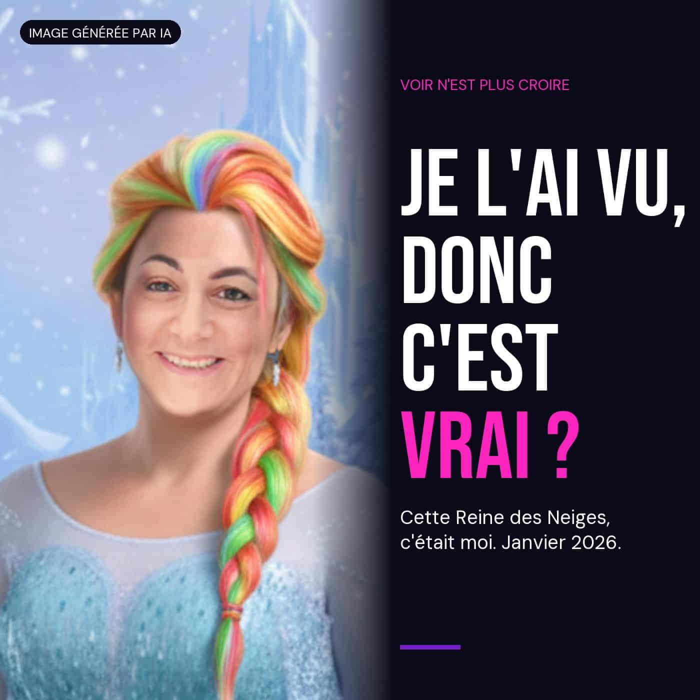 Yaelle en Reine des Neiges, cheveux arc-en-ciel tressés et robe bleu glacier devant un château de glace, image générée par IA, à côté de la question « Je l'ai vu, donc c'est vrai ? ».