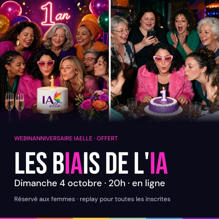 Deux photos côte à côte de femmes de tous âges qui soufflent la bougie « 1 » d'un gâteau d'anniversaire IAelle, sous un néon « 1 an », avec le titre « Les biais de l'IA, dimanche 4 octobre, 20h, en ligne ».
