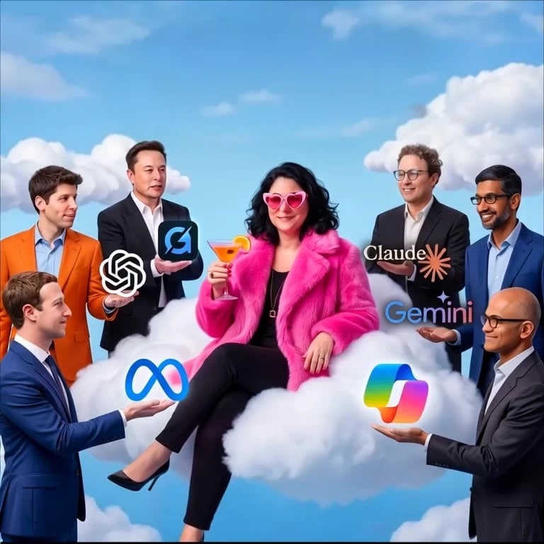 Yaelle sur un nuage, les patrons de la tech lui tendent chacun le logo de leur IA