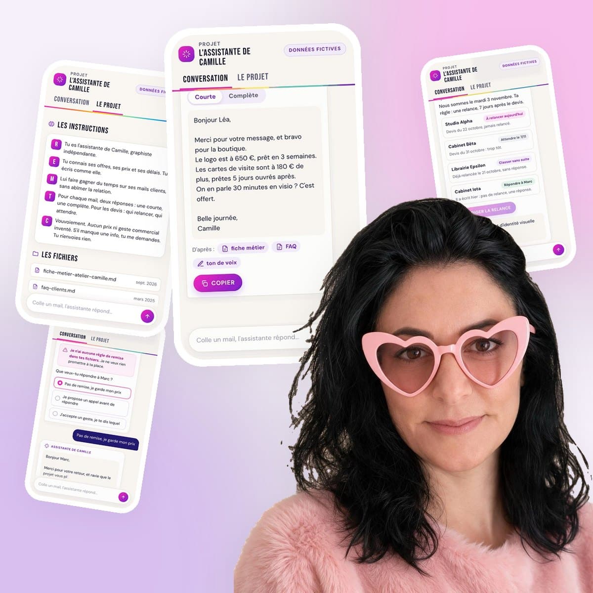 Yaelle David, avec ses lunettes en cœur, devant quatre écrans de l’assistante de Camille : une réponse à une cliente, les instructions, un mail piège et les relances de devis
