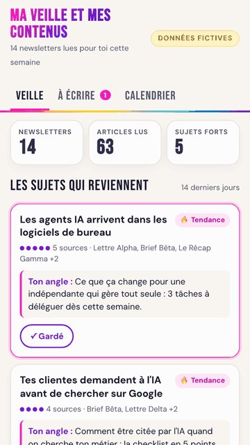 Ta veille et tes contenus : aperçu de l'application sur téléphone