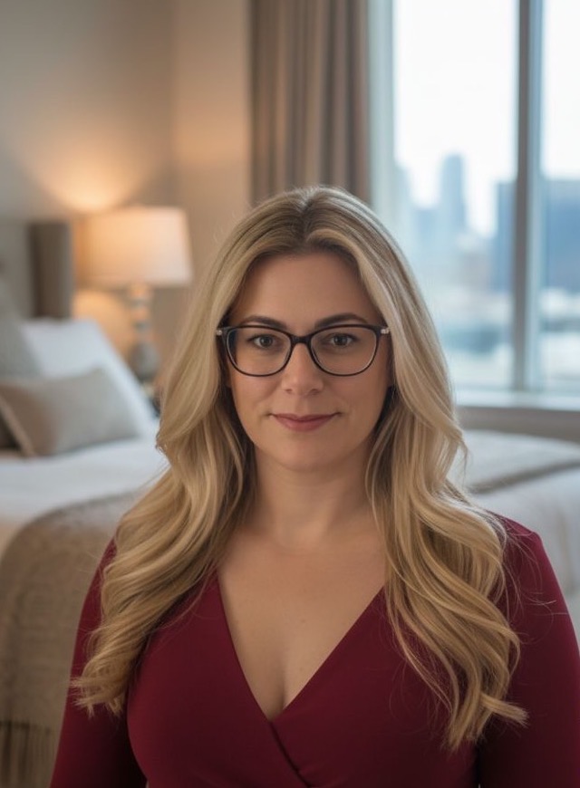 La version générée par l'IA : Yaelle blonde, en robe décolletée, devant une chambre d'hôtel