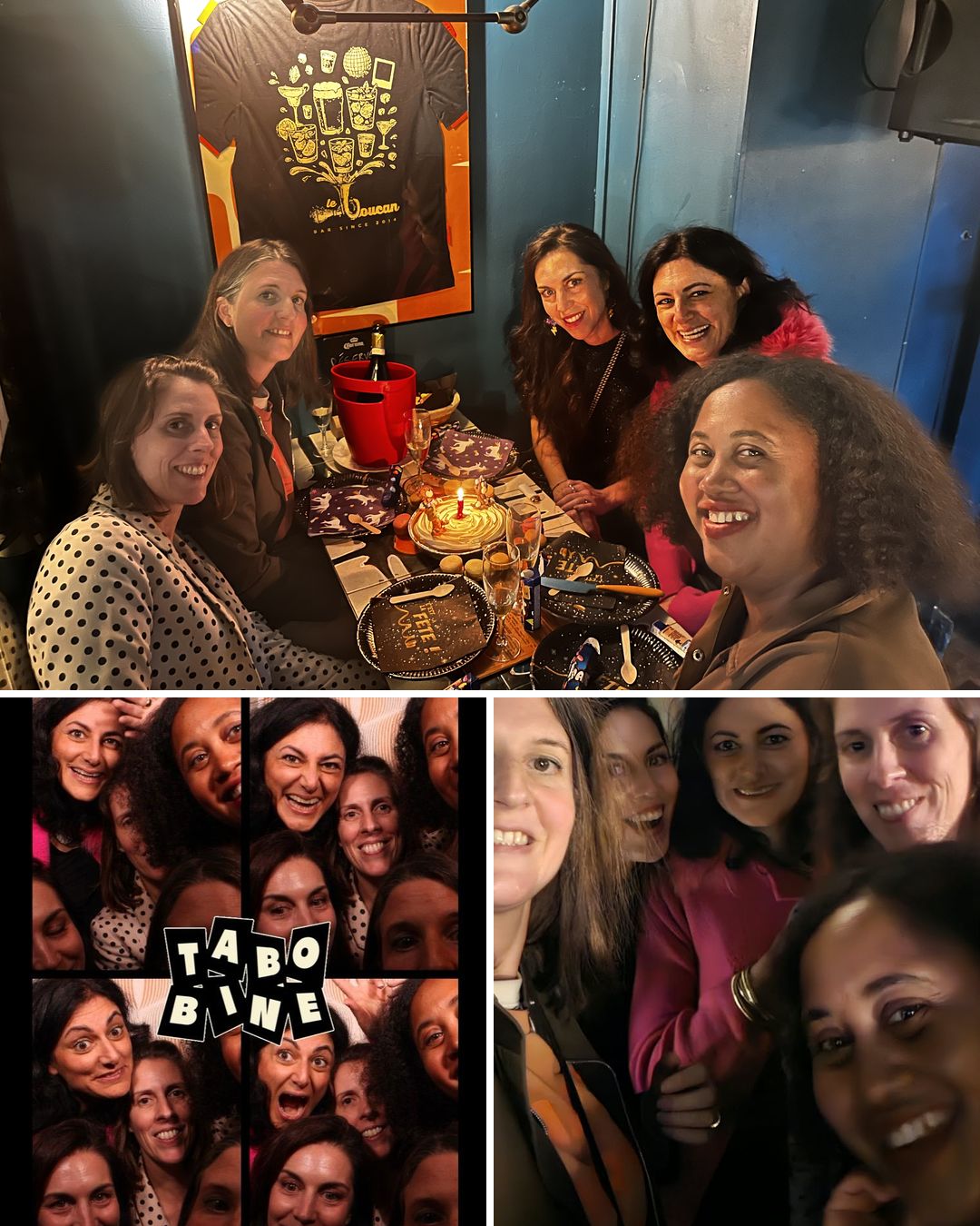 Collage de la soirée : la tablée du Boucan autour du gâteau, la planche du photomaton et un selfie de groupe