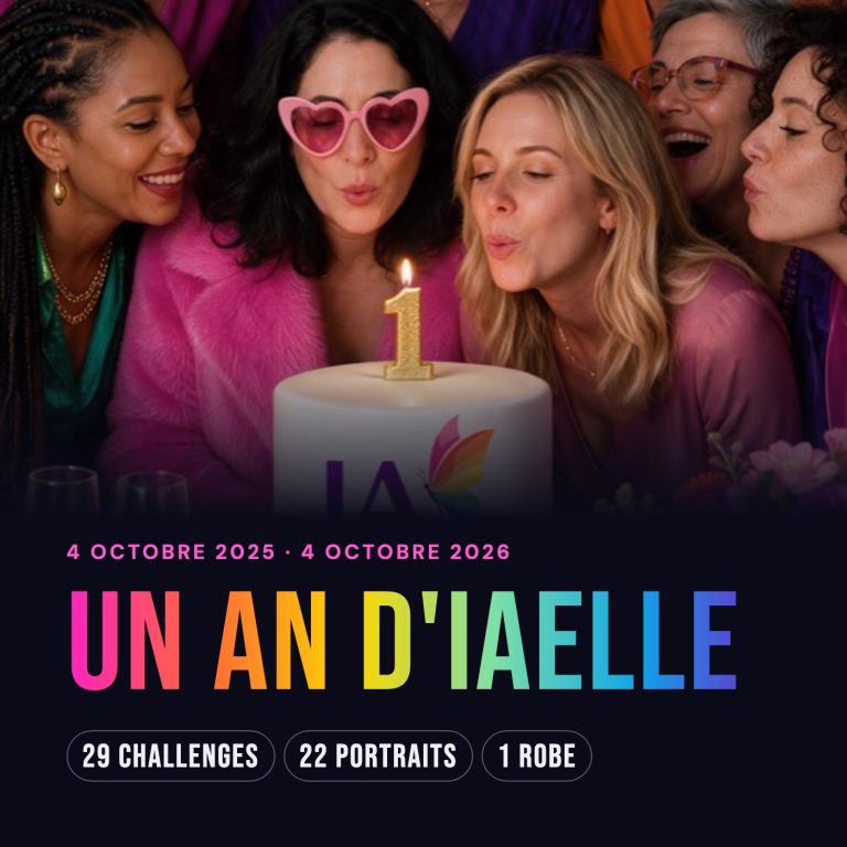 Carte navy « Un an d'IAelle » avec la photo de femmes qui soufflent la bougie 1 sur un gâteau IAelle, et les mots 29 challenges, 22 portraits, 1 robe.